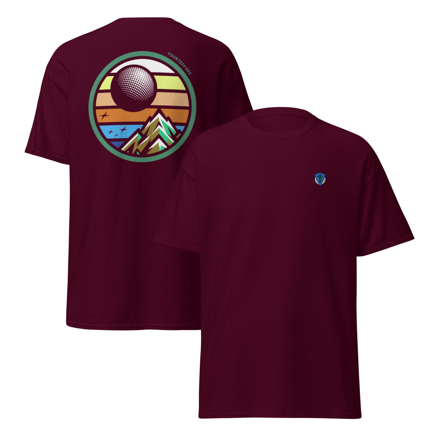Maroon casual streetwear golf t-shirt with a graphic design on the back and a logo on the chest, displayed on a white background.. Casual everyday golf streetwear by fourteefore