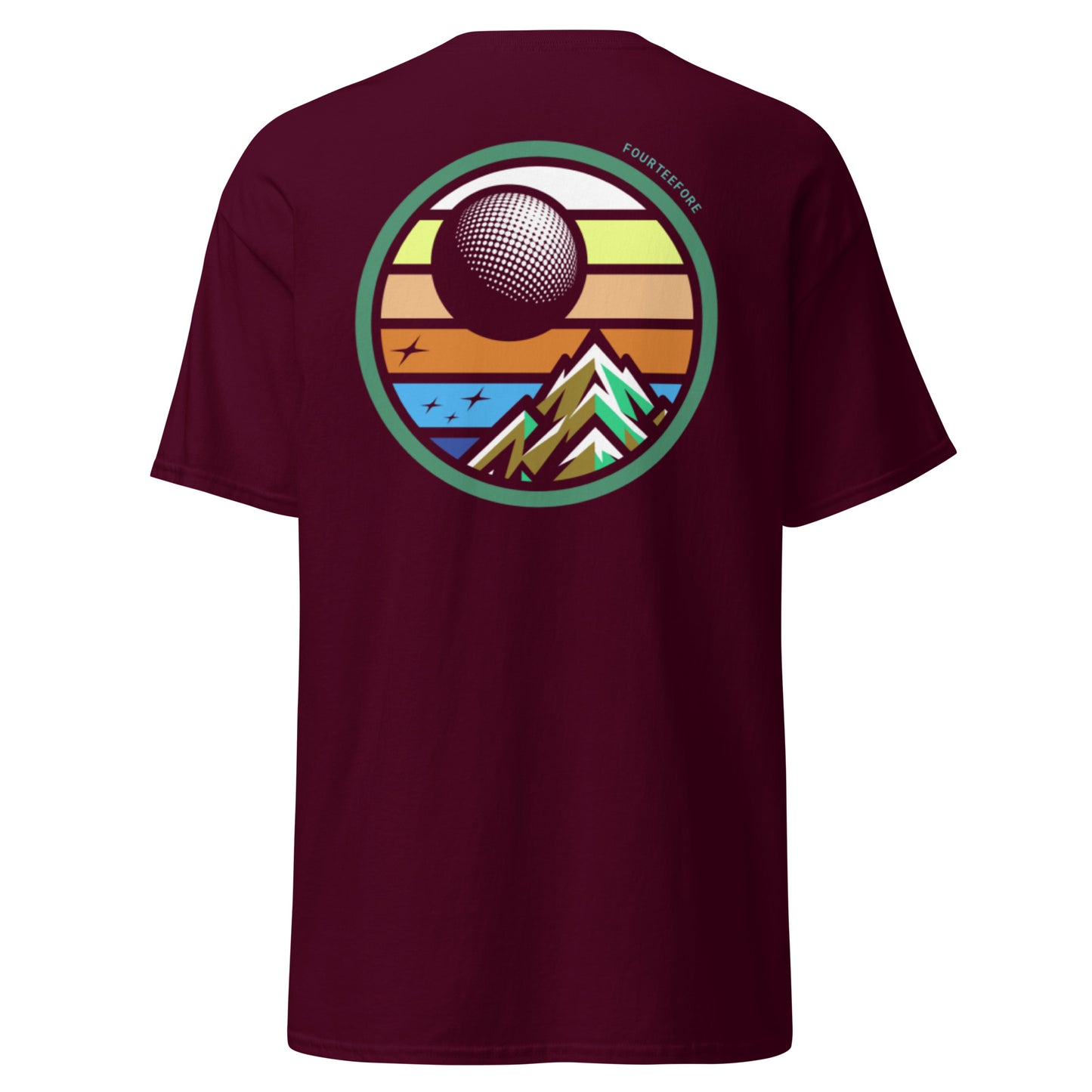 Main image of Maroon t-shirt with a colorful retro graphic on the back of a mountain, twilight sky and a golf ball moon against a white background. Casual everyday golf streetwear by fourteefore