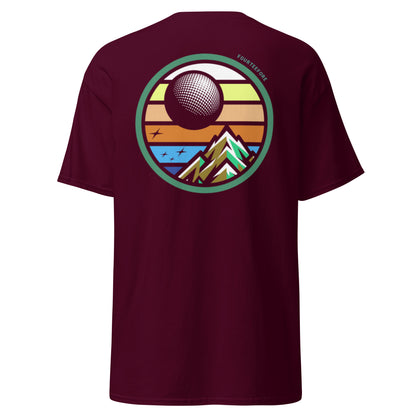 Main image of Maroon t-shirt with a colorful retro graphic on the back of a mountain, twilight sky and a golf ball moon against a white background. Casual everyday golf streetwear by fourteefore