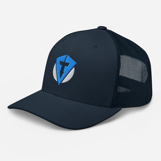 Main image of Navy blue Fourteefore pro trucker golf cap with bright blue and white embroidered logo in the centre of the front panel. Casual everyday golf streetwear cap by fourteefore for on and off the course
