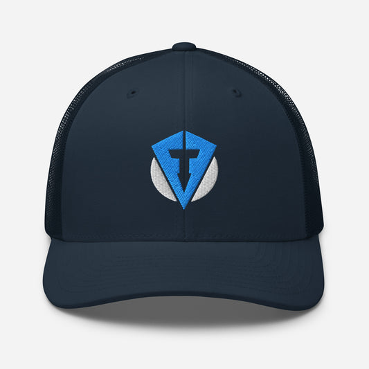 Navy blue Fourteefore pro trucker golf cap with bright blue and white embroidered logo in the centre of the 