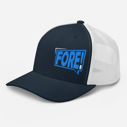 Navy and white golf streetwear causal trucker cap with bolt graphic FORE! embroidered in bright blue and white on the left front panel.