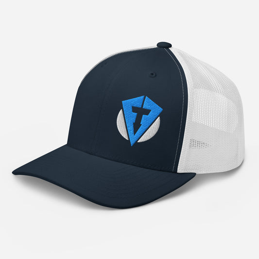 Main image of Navy blue and white Fourteefore weekend warrior golf trucker cap with bright blue and white embroidered FTF logo on the left front panel. Casual everyday golf streetwear cap by fourteefore for on and off the course