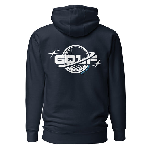 Navy Blue planet golf fourteefore casual everyday streetwear golf hoodie with a white logo of a golf ball planet with rings around it along with word golf.  Small FTF logo embroidered on the left chest. Casual everyday golf streetwear by fourteefore