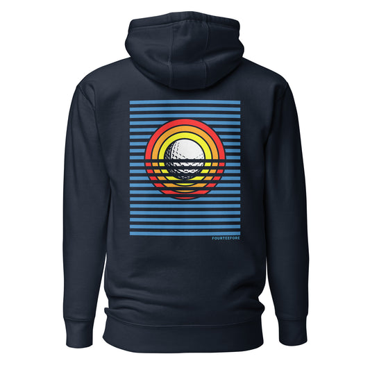Main image of Navy blue sun up fourteefore casual everyday streetwear golf hoodie with a bold colorful graphic golf ball sun rise design on the back with a small FTF logo embroidered on the left chest. Casual everyday golf streetwear by fourteefore