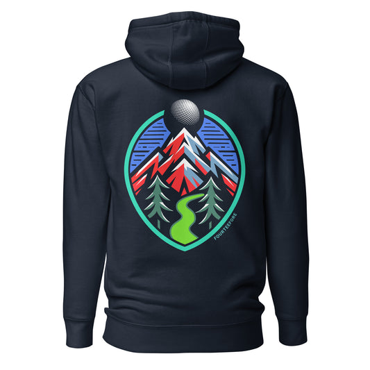Main image of Navy blue fourteefore casual everyday streetwear golf hoodie with a bold colorful mountain and tree lined fairway graphic on the back with a small FTF logo embroidered on the left chest. Casual everyday golf streetwear by fourteefore