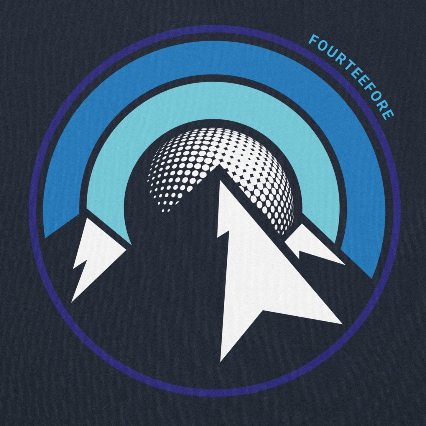 Logo with blue and white design on a dark background. everyday casual golf streetwear hoodie. Fourteefore