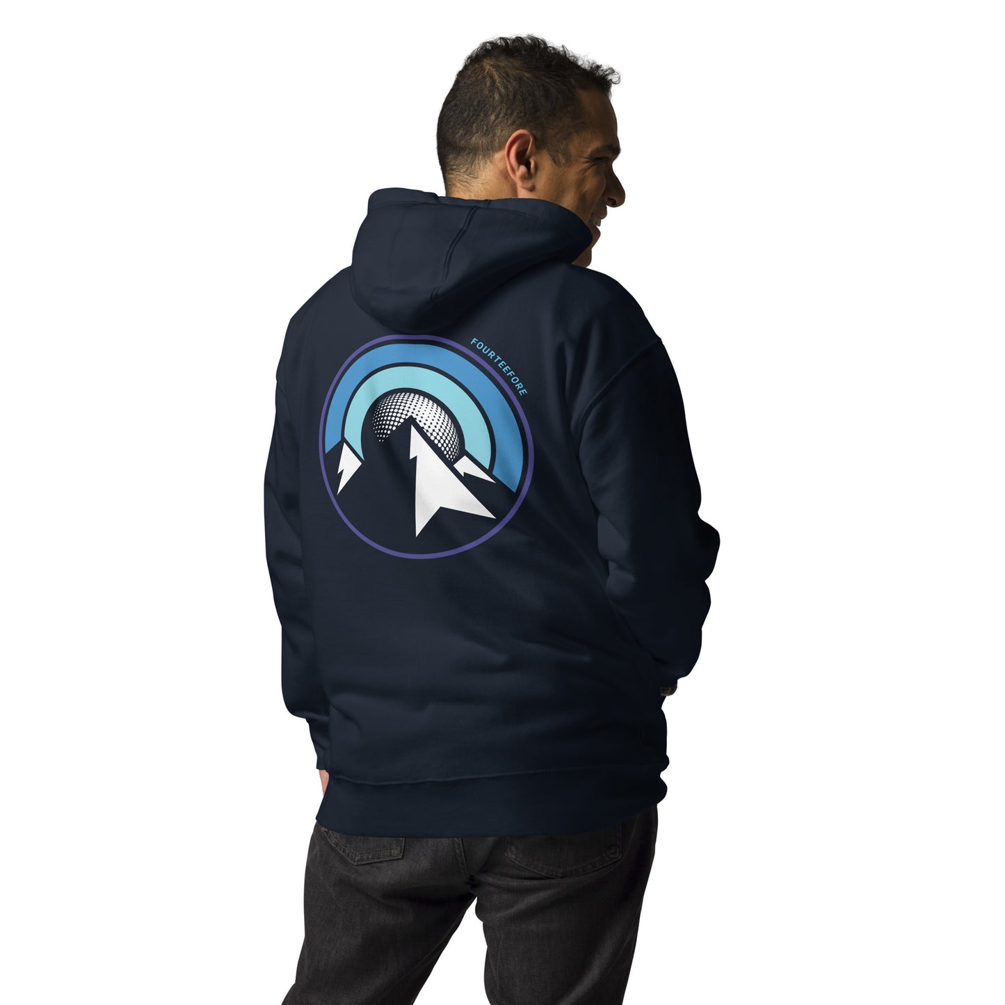 Male model wearing a Navy blue fourteefore casual everyday streetwear golf hoodie with a bold mountain and golf ball moon graphic design on the back with a small FTF logo embroidered on the left chest. Casual everyday golf streetwear by fourteefore