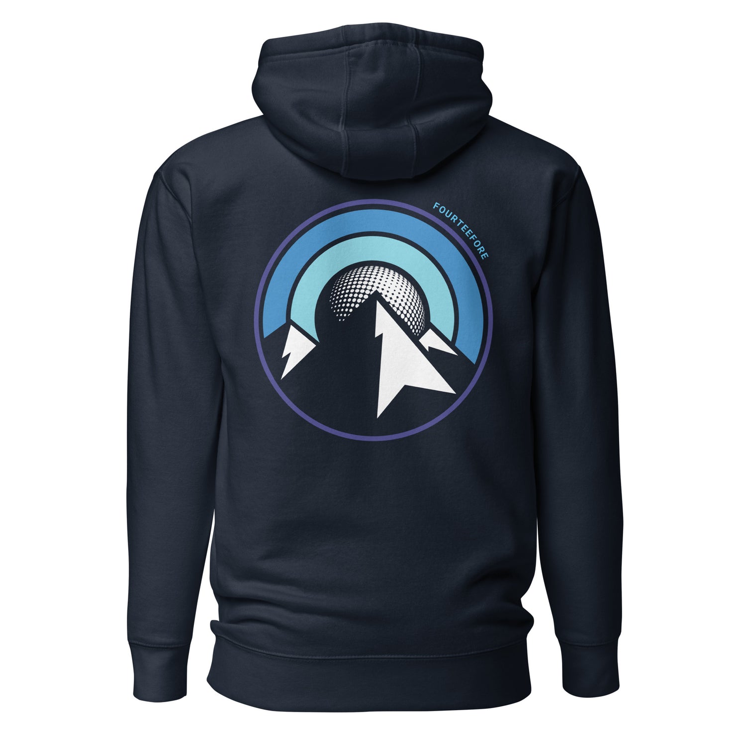Main image of Navy blue fourteefore casual everyday streetwear golf hoodie with a bold mountain and golf ball moon graphic design on the back with a small FTF logo embroidered on the left chest. Casual everyday golf streetwear by fourteefore
