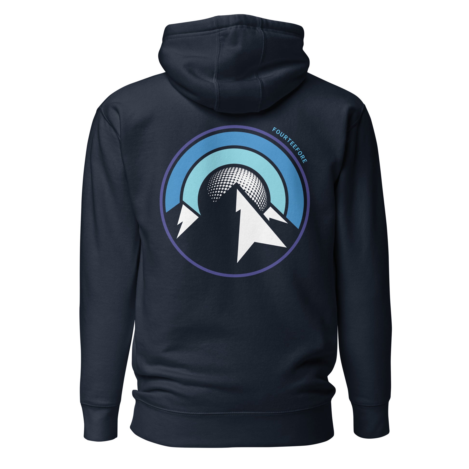 Main image of Navy blue fourteefore casual everyday streetwear golf hoodie with a bold mountain and golf ball moon graphic design on the back with a small FTF logo embroidered on the left chest. Casual everyday golf streetwear by fourteefore