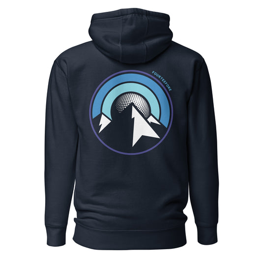 Main image of Navy blue fourteefore casual everyday streetwear golf hoodie with a bold mountain and golf ball moon graphic design on the back with a small FTF logo embroidered on the left chest. Casual everyday golf streetwear by fourteefore