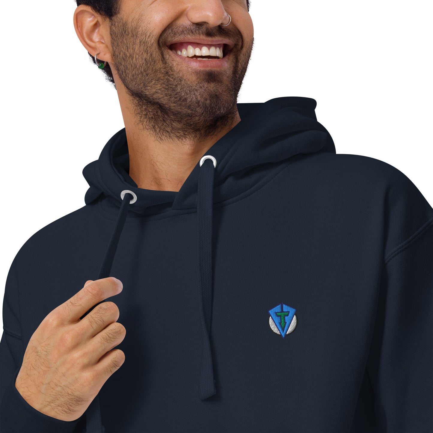 Navy blue fourteefore casual everyday streetwear golf hoodie with a bold mountain and golf ball moon graphic design on the back with a small FTF logo embroidered on the left chest. Casual everyday golf streetwear by fourteefore