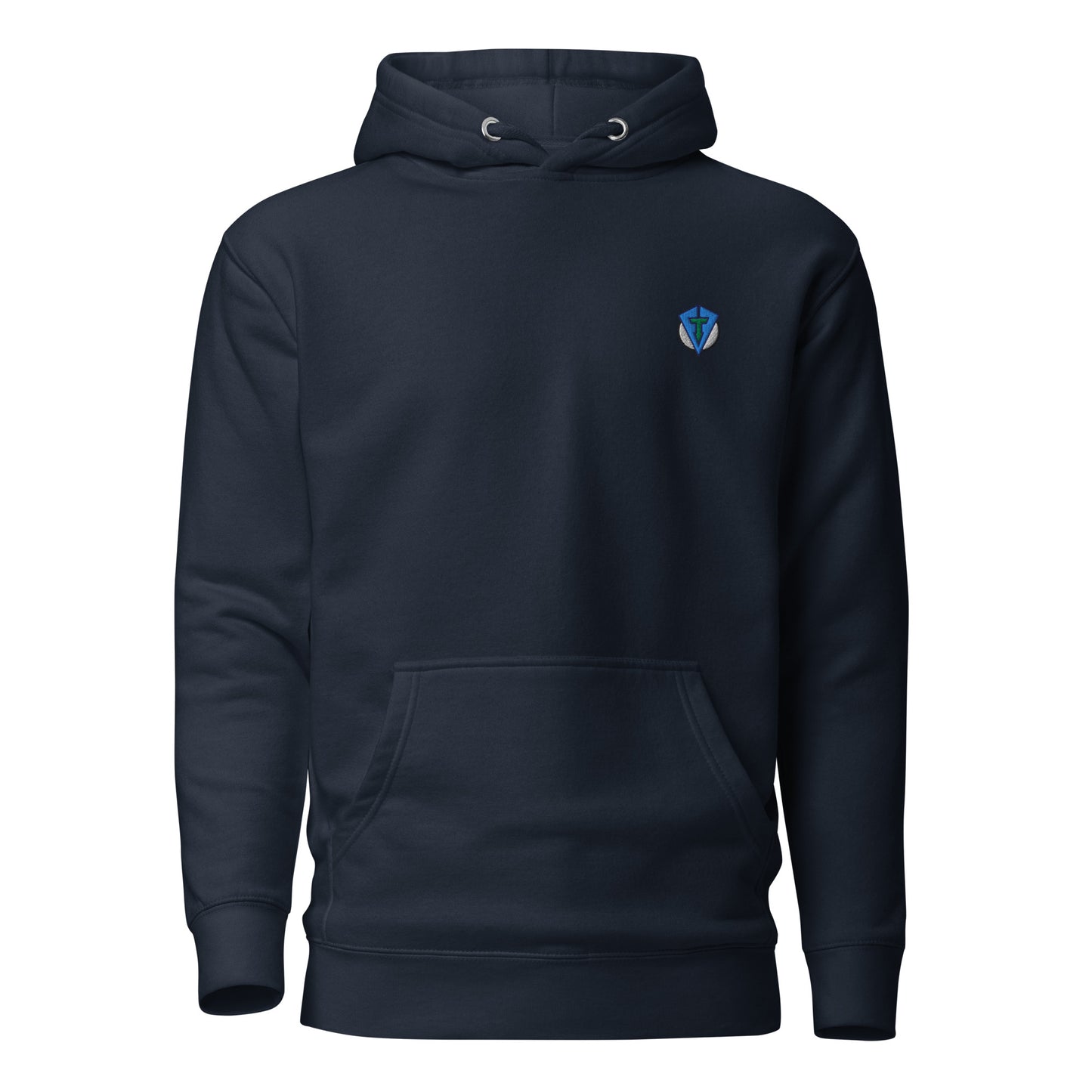 Navy blue fourteefore casual everyday streetwear golf hoodie with a bold mountain and golf ball moon graphic design on the back with a small FTF logo embroidered on the left chest. Casual everyday golf streetwear by fourteefore