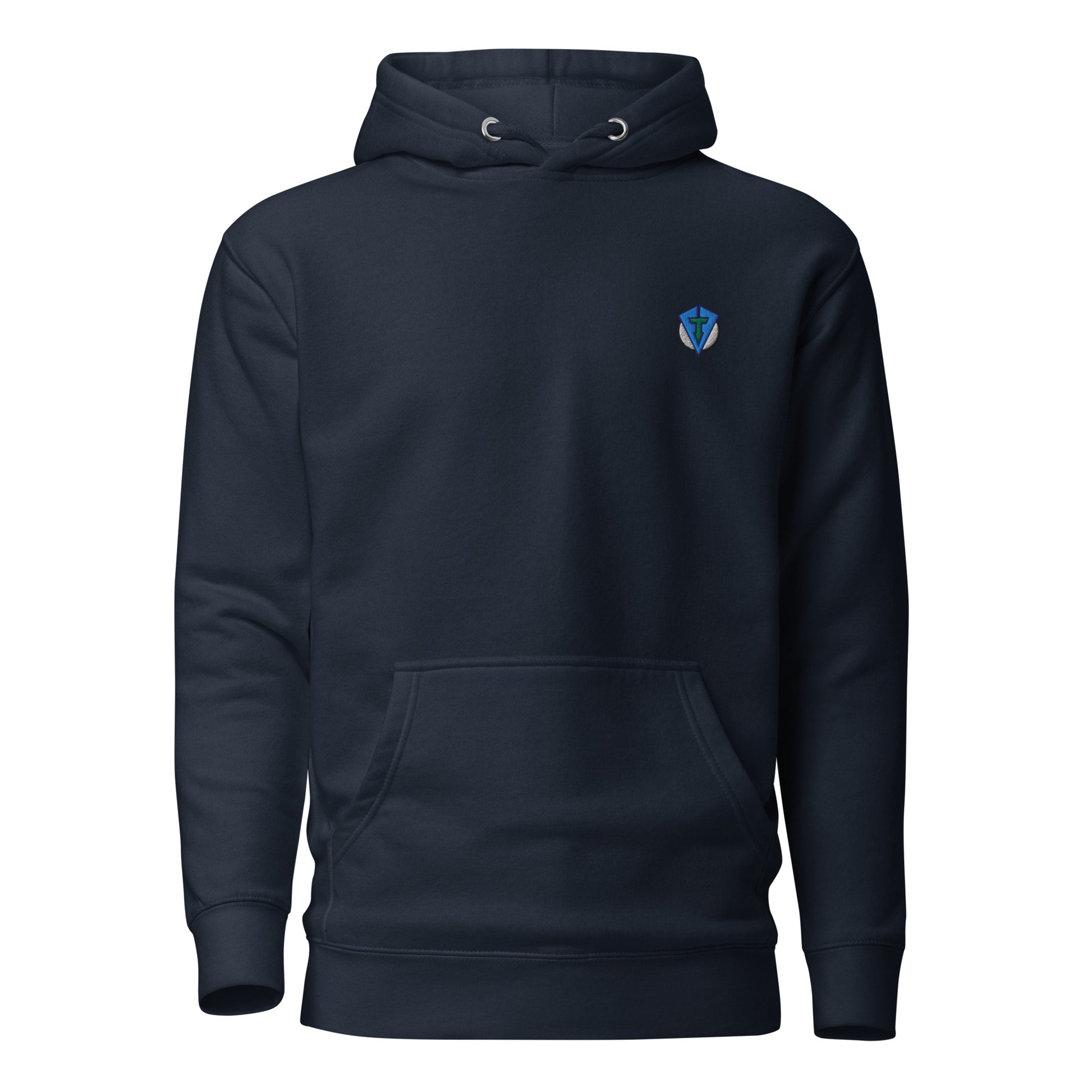 Navy blue fourteefore casual everyday streetwear golf hoodie with a bold mountain and golf ball moon graphic design on the back with a small FTF logo embroidered on the left chest. Casual everyday golf streetwear by fourteefore