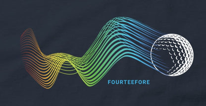 Navy blue t-shirt with colorful wave design and 'FOURTENINE' branding on a white background. Everyday casual golf streetwear tshirt