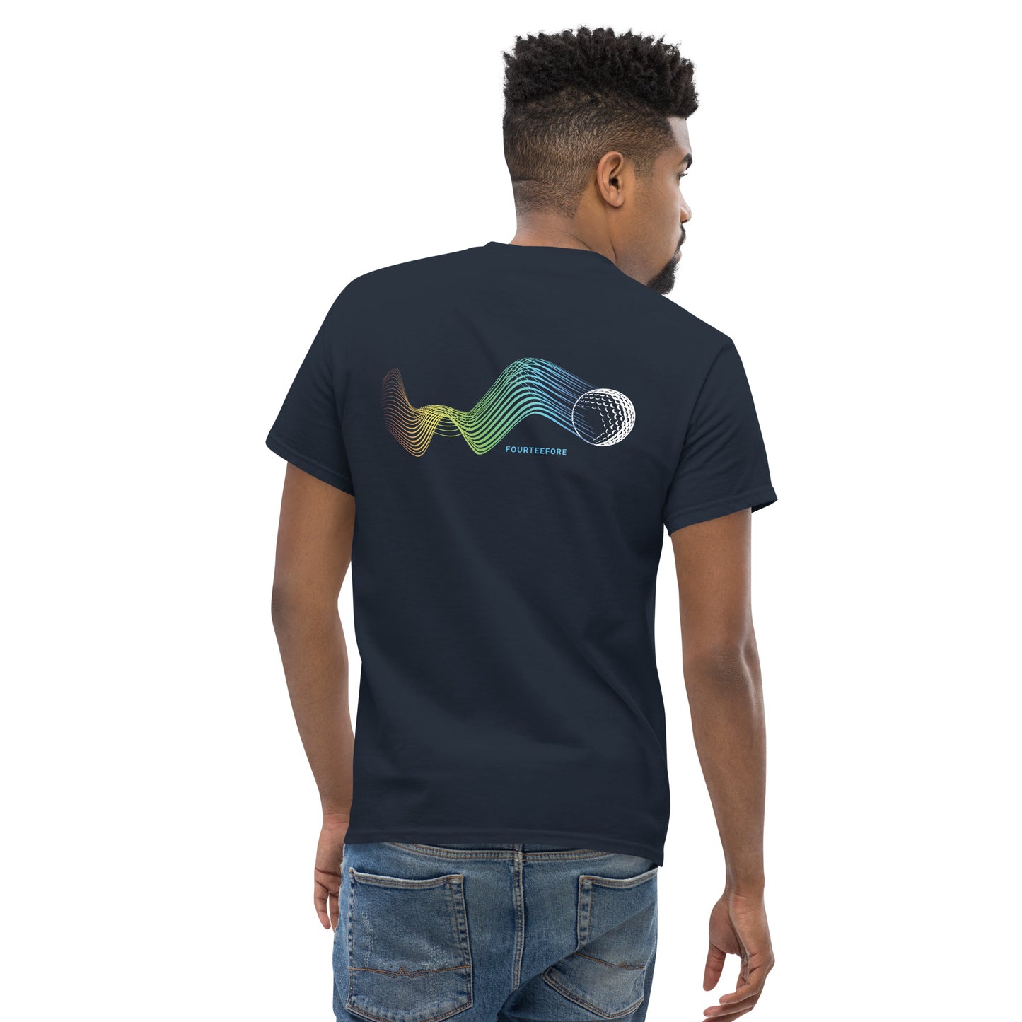 Male model waering a Navy blue bump n run Fourteefore casual golf t-shirt with a bold colorful graphic design of a golf ball as is bumps and runs.  small FTF logo embroidered on the left chest. Casual everyday golf streetwear by fourteefore