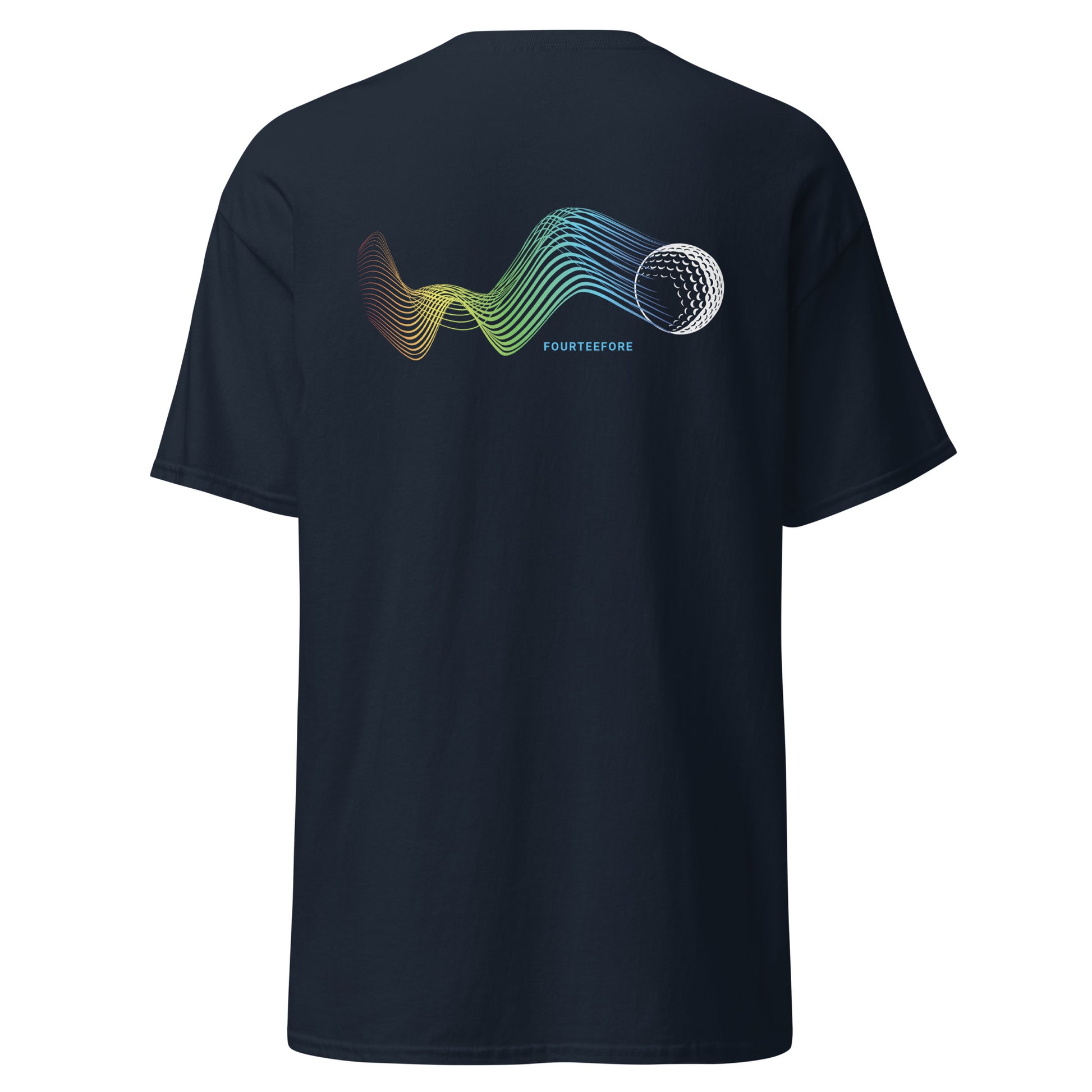 Main image of Navy blue bump n run Fourteefore casual golf t-shirt with a bold colorful graphic design of a golf ball as is bumps and runs.  small FTF logo embroidered on the left chest. Casual everyday golf streetwear by fourteefore