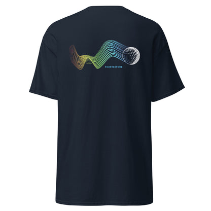 Main image of Navy blue bump n run Fourteefore casual golf t-shirt with a bold colorful graphic design of a golf ball as is bumps and runs.  small FTF logo embroidered on the left chest. Casual everyday golf streetwear by fourteefore