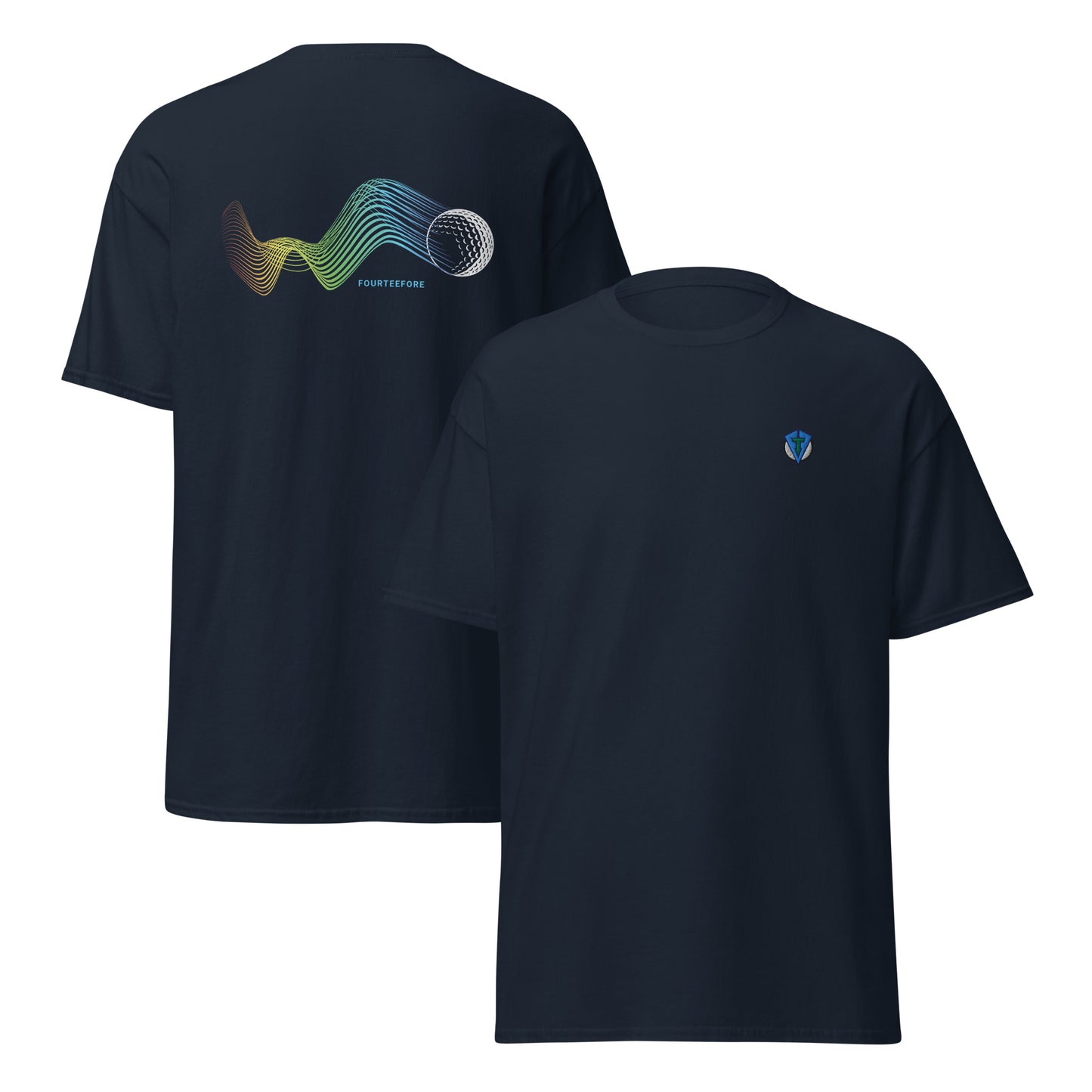 Navy blue bump n run Fourteefore casual golf t-shirt with a bold colorful graphic design of a golf ball as is bumps and runs.  small FTF logo embroidered on the left chest. Casual everyday golf streetwear by fourteefore