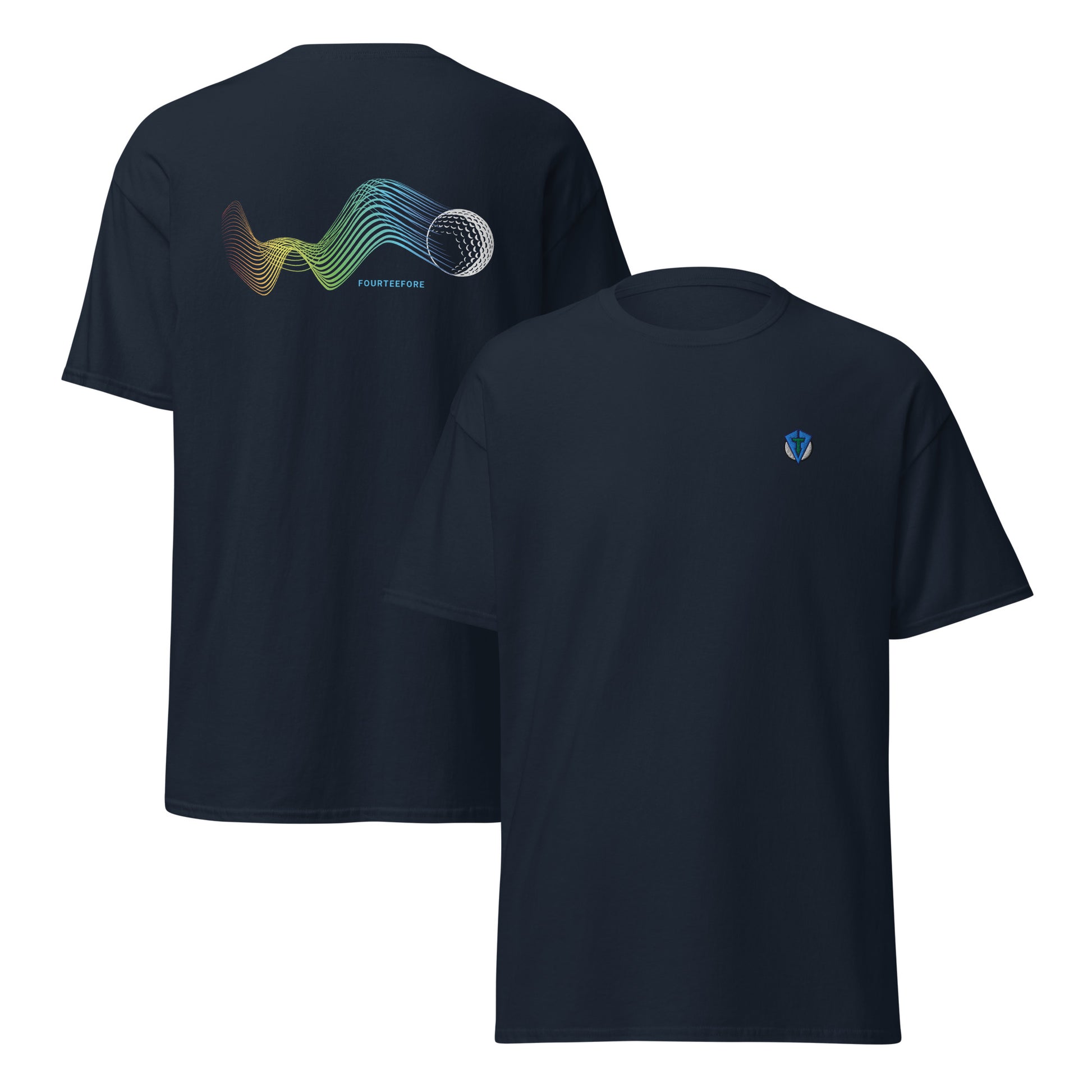 Navy blue bump n run Fourteefore casual golf t-shirt with a bold colorful graphic design of a golf ball as is bumps and runs.  small FTF logo embroidered on the left chest. Casual everyday golf streetwear by fourteefore