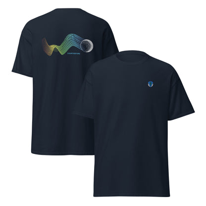 Navy blue bump n run Fourteefore casual golf t-shirt with a bold colorful graphic design of a golf ball as is bumps and runs.  small FTF logo embroidered on the left chest. Casual everyday golf streetwear by fourteefore