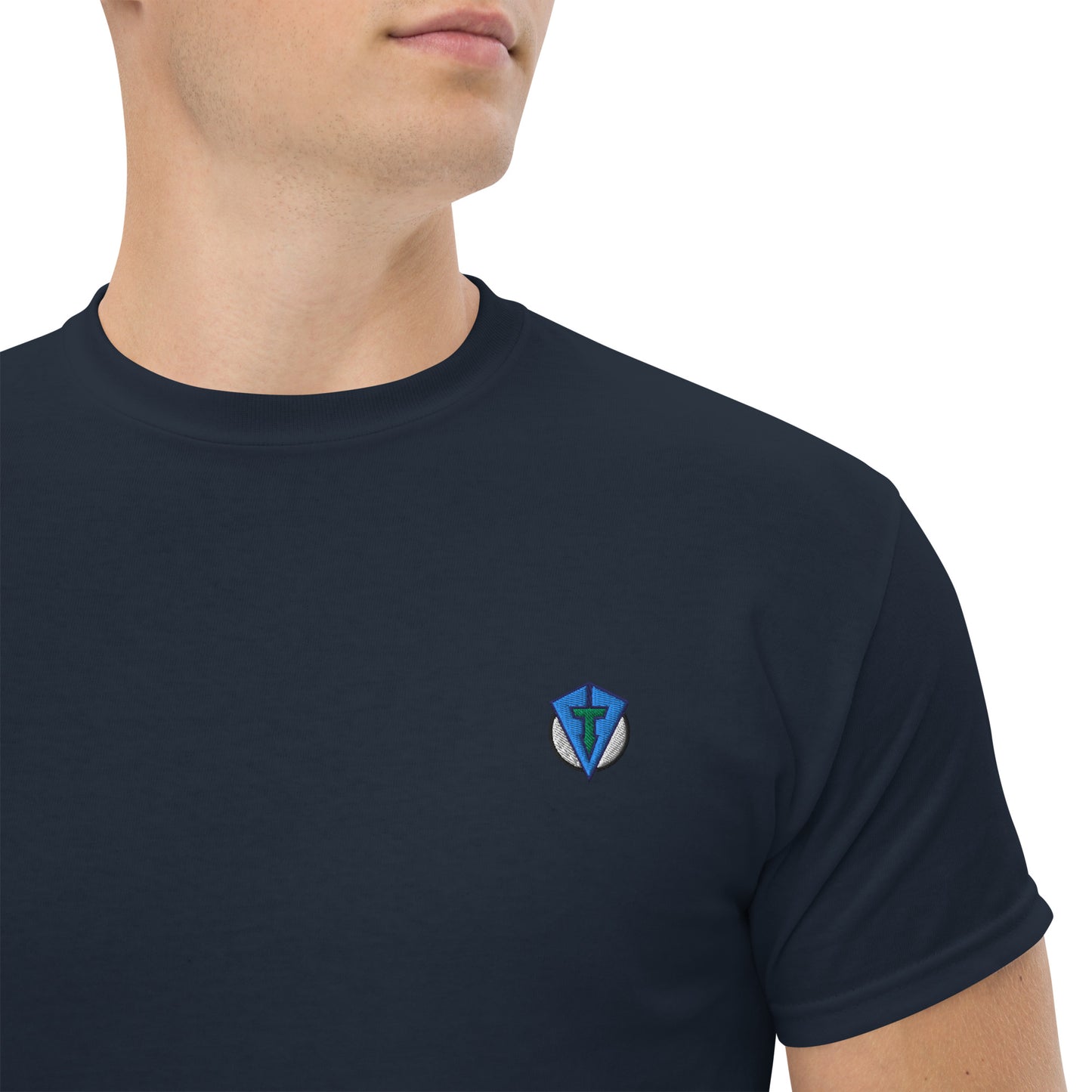 Navy blue bump n run Fourteefore casual golf t-shirt with a bold colorful graphic design of a golf ball as is bumps and runs.  small FTF logo embroidered on the left chest. Casual everyday golf streetwear by fourteefore