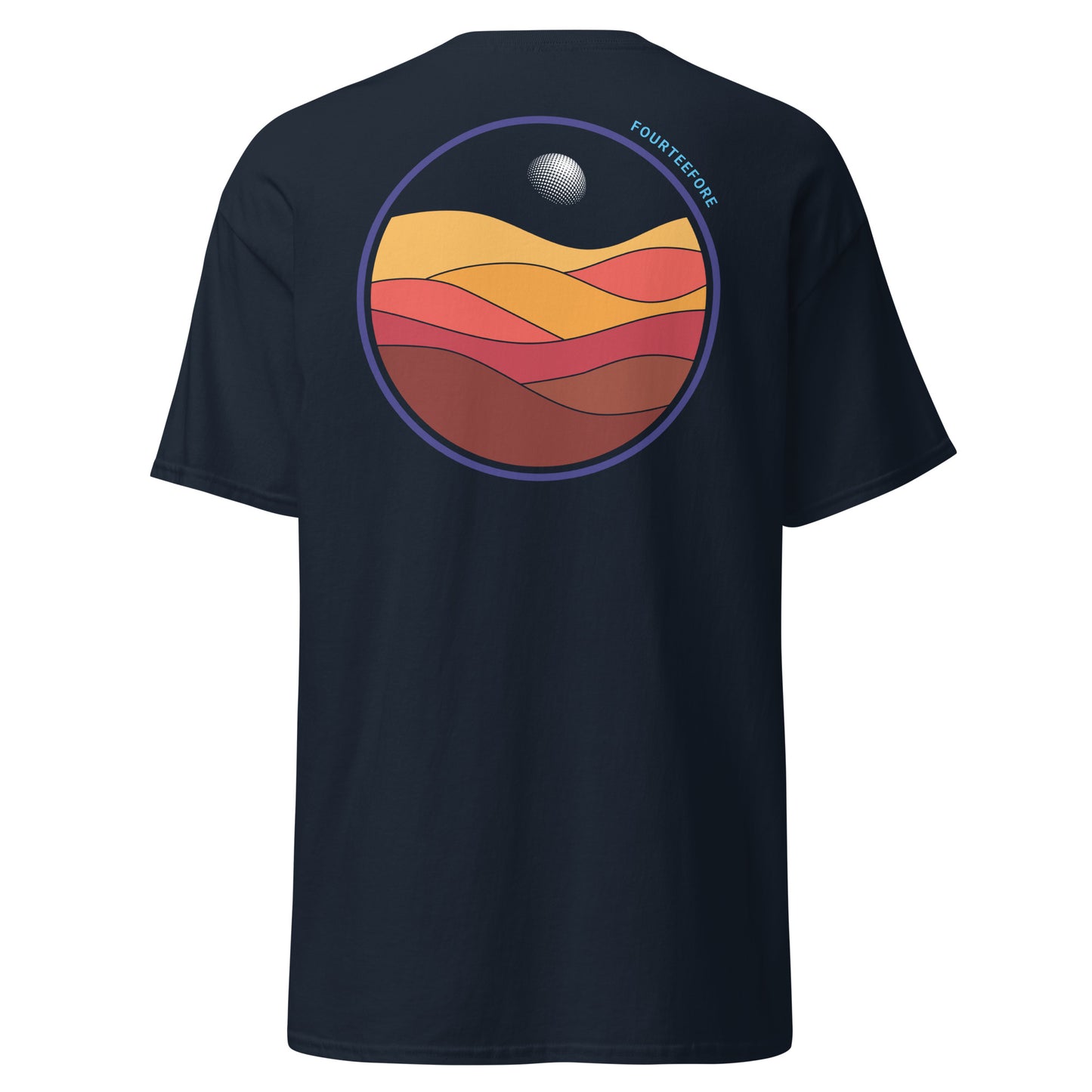 Navy blue bunker bound Fourteefore casual golf t-shirt with a colorful bold graphic design on the back of dessert sand dunes and a golf ball moon. Small FTF embroidered logo on left chest. Main image of Casual everyday golf streetwear tshirt by fourteefore