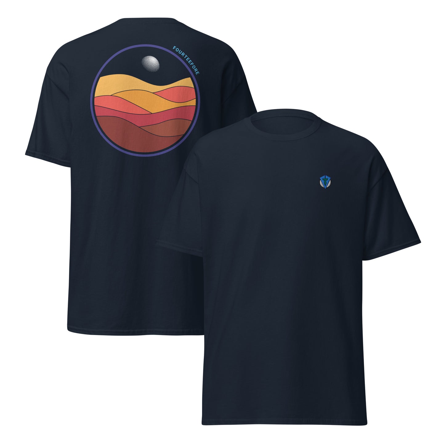 Navy blue bunker bound Fourteefore casual golf t-shirt with a colorful bold graphic design on the back of dessert sand dunes and a golf ball moon. Small FTF embroidered logo on left chest. Casual everyday golf streetwear by fourteefore