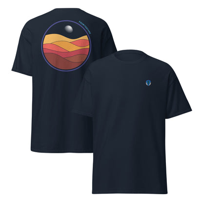 Navy blue bunker bound Fourteefore casual golf t-shirt with a colorful bold graphic design on the back of dessert sand dunes and a golf ball moon. Small FTF embroidered logo on left chest. Casual everyday golf streetwear by fourteefore