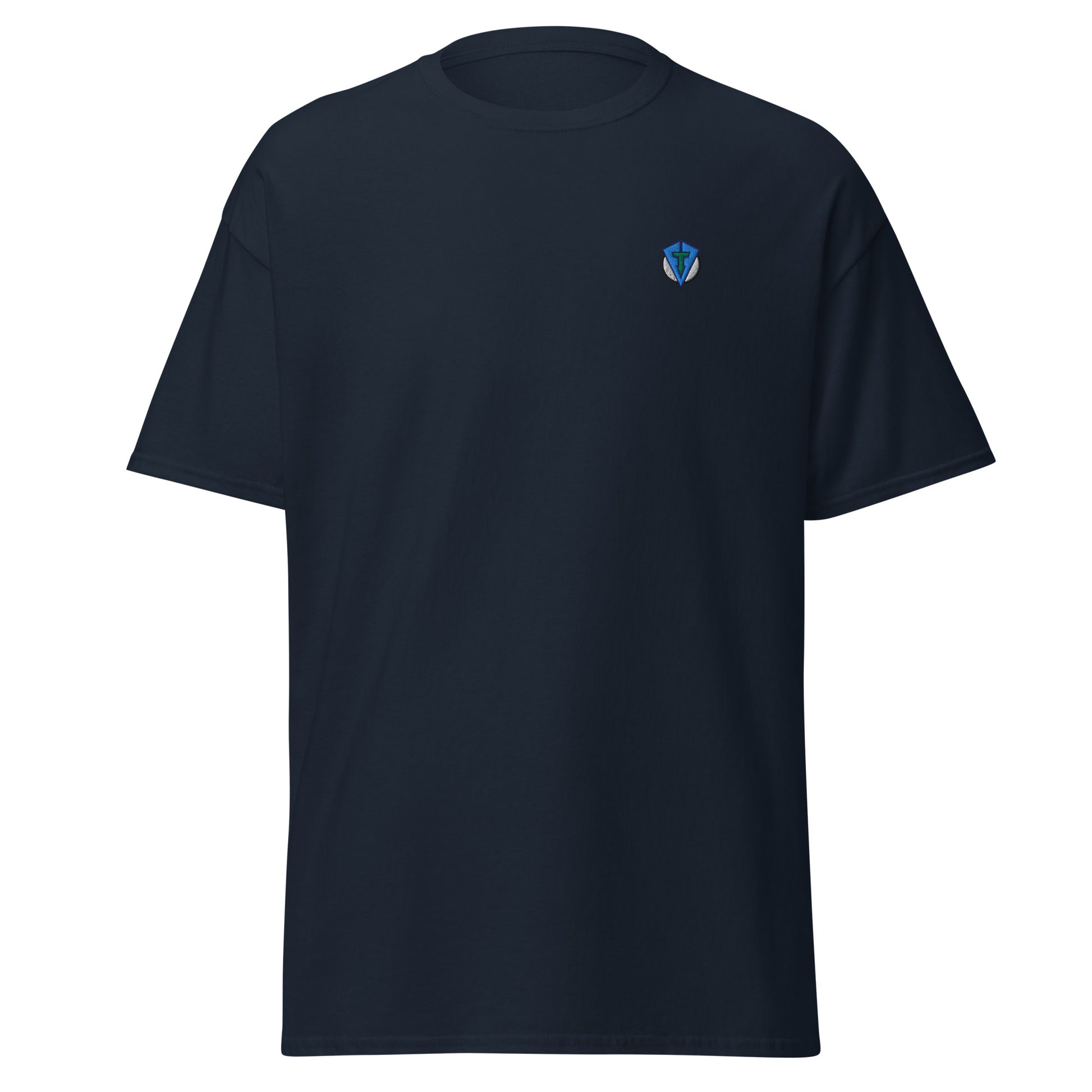 Navy blue bunker bound Fourteefore casual golf t-shirt with a colorful bold graphic design on the back of dessert sand dunes and a golf ball moon. Small FTF embroidered logo on left chest. Casual everyday golf streetwear by fourteefore