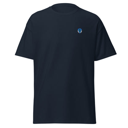 Navy blue bunker bound Fourteefore casual golf t-shirt with a colorful bold graphic design on the back of dessert sand dunes and a golf ball moon. Small FTF embroidered logo on left chest. Casual everyday golf streetwear by fourteefore