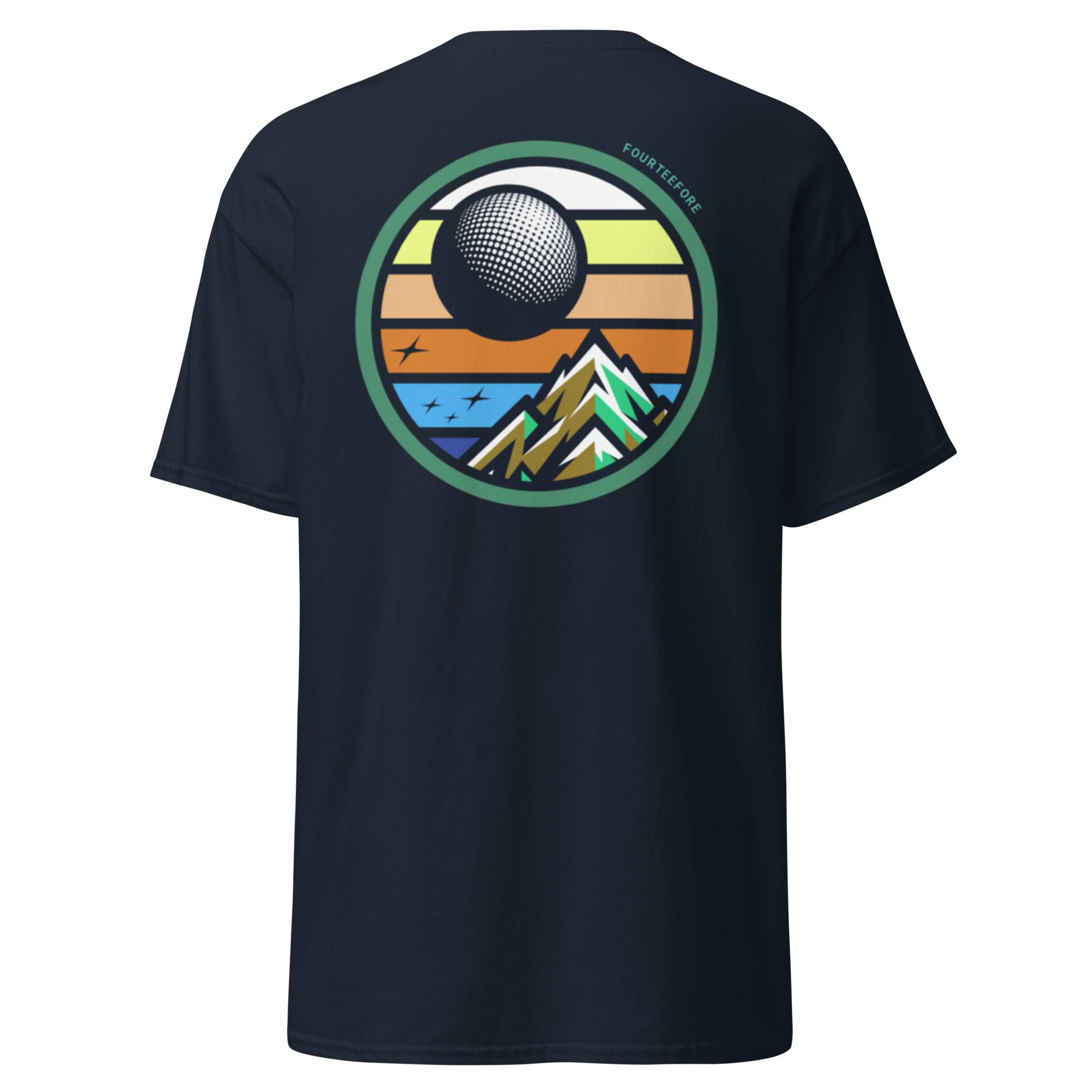 Main image of Navy blue twilight golf Fourteefore casual golf streetwear t-shirt with a bold colorful graphic of a mountain, moon and stars at dusk on the back with a small FTF logo embroidered on the left chest