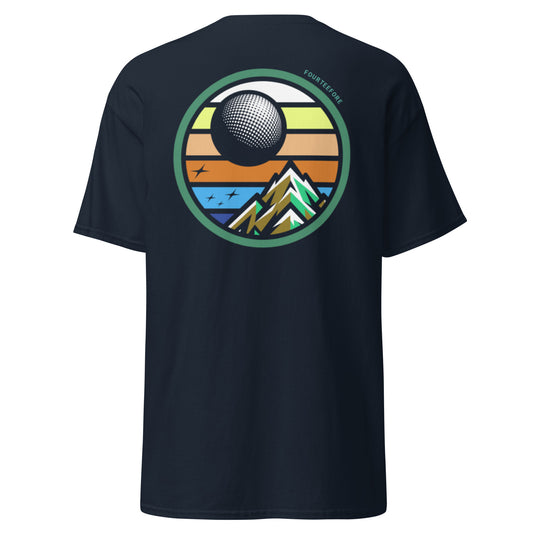 Main image of Navy blue twilight golf Fourteefore casual golf streetwear t-shirt with a bold colorful graphic of a mountain, moon and stars at dusk on the back with a small FTF logo embroidered on the left chest