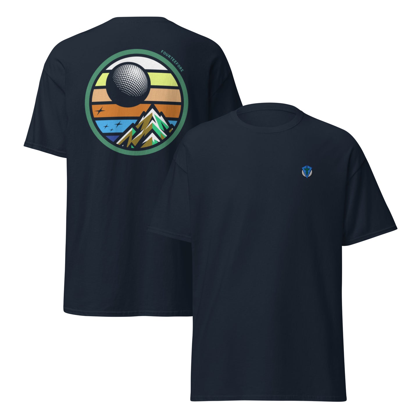 Navy blue twilight golf Fourteefore casual golf streetwear t-shirt with a bold colorful graphic of a mountain, moon and stars at dusk on the back with a small FTF logo embroidered on the left chest