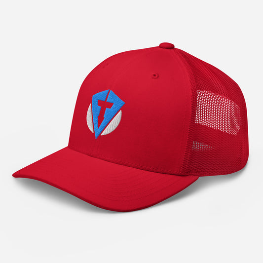 Red Fourteefore pro trucker golf cap with bright blue and white embroidered logo in the centre of the 
