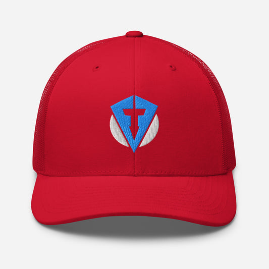 Red Fourteefore pro trucker golf cap with bright blue and white embroidered logo in the centre of the 