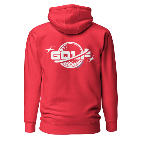 Red planet golf fourteefore casual everyday streetwear golf hoodie with a white logo of a golf ball planet with rings around it along with word golf.  Small FTF logo embroidered on the left chest. Casual everyday golf streetwear by fourteefore