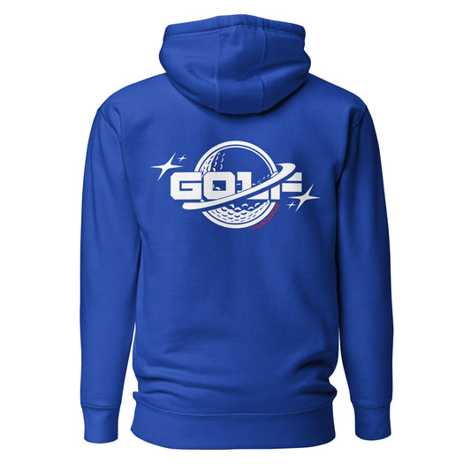 Bright royal Blue planet golf fourteefore casual everyday streetwear golf hoodie with a white logo of a golf ball planet with rings around it along with word golf.  Small FTF logo embroidered on the left chest. Casual everyday golf streetwear by fourteefore
