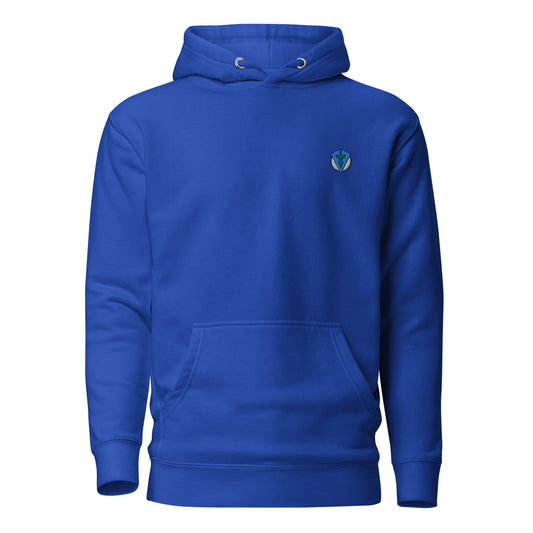 Bright royal Blue planet golf fourteefore casual everyday streetwear golf hoodie with a white logo of a golf ball planet with rings around it along with word golf.  Small FTF logo embroidered on the left chest. Casual everyday golf streetwear by fourteefore