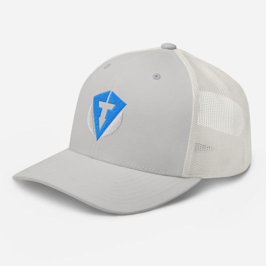 Silver Fourteefore pro trucker golf cap with bright blue and white embroidered logo in the centre of the front panel