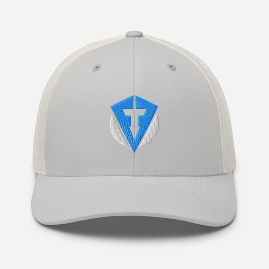 Silver Fourteefore pro trucker golf cap with bright blue and white embroidered logo in the centre of the front panel