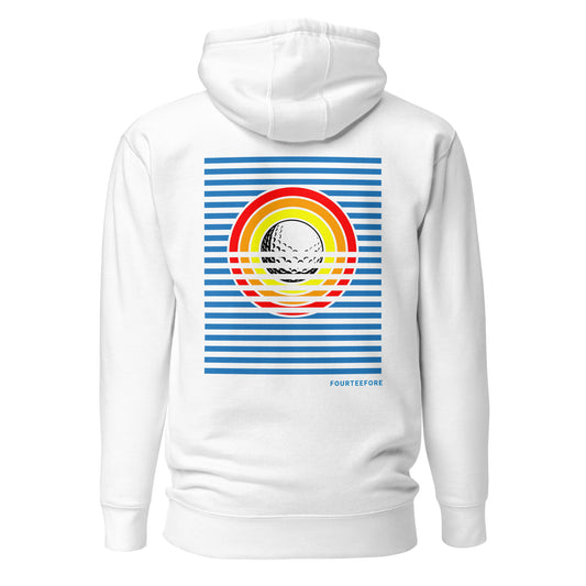 Main image of White sun up fourteefore casual everyday streetwear golf hoodie with a bold colorful graphic golf ball sun rise design on the back with a small FTF logo embroidered on the left chest. Casual everyday golf streetwear by fourteefore