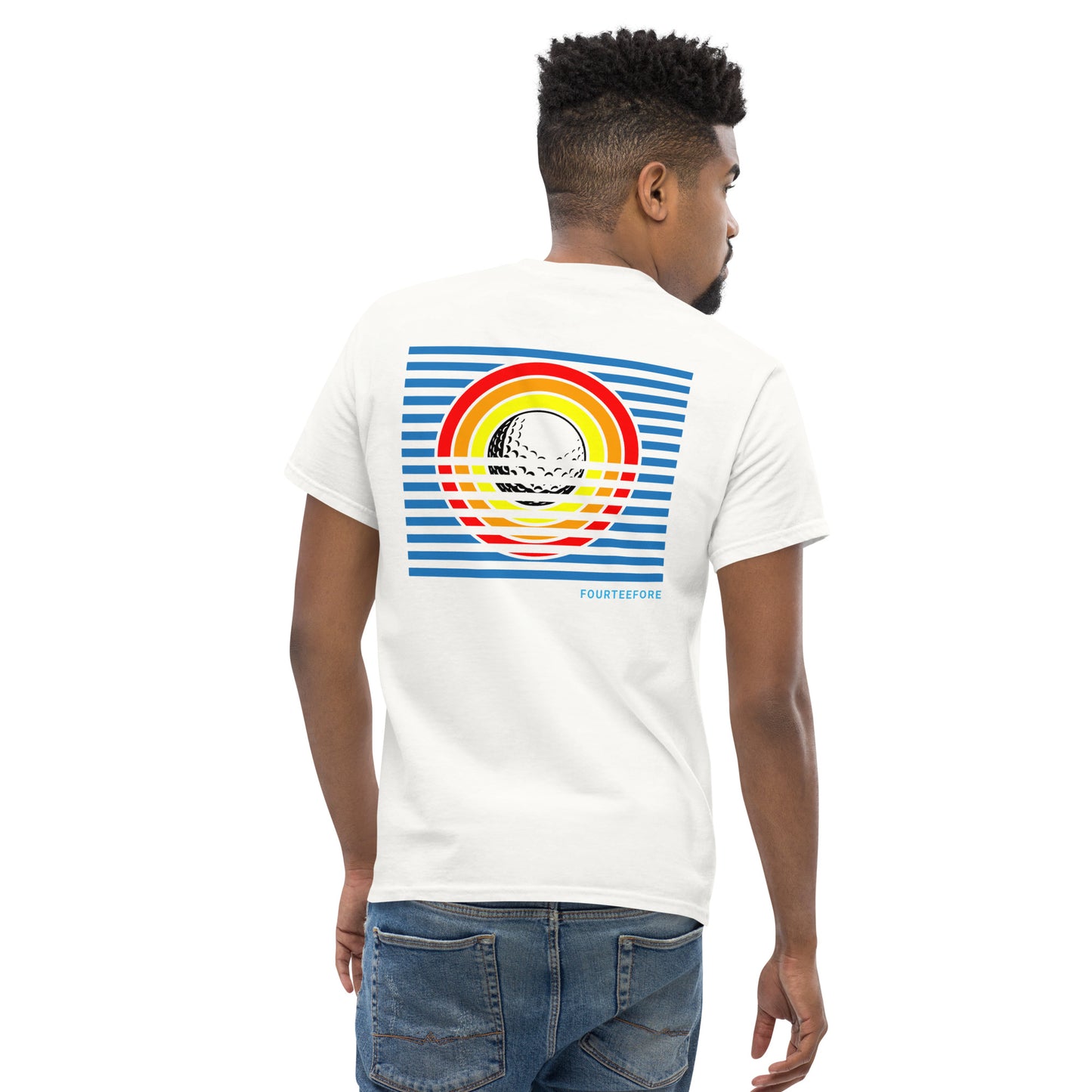White casusal golf streetwear t-shirt with a colorful bold graphic design on the back, featuring the brand 'FOURTEEFORE'.