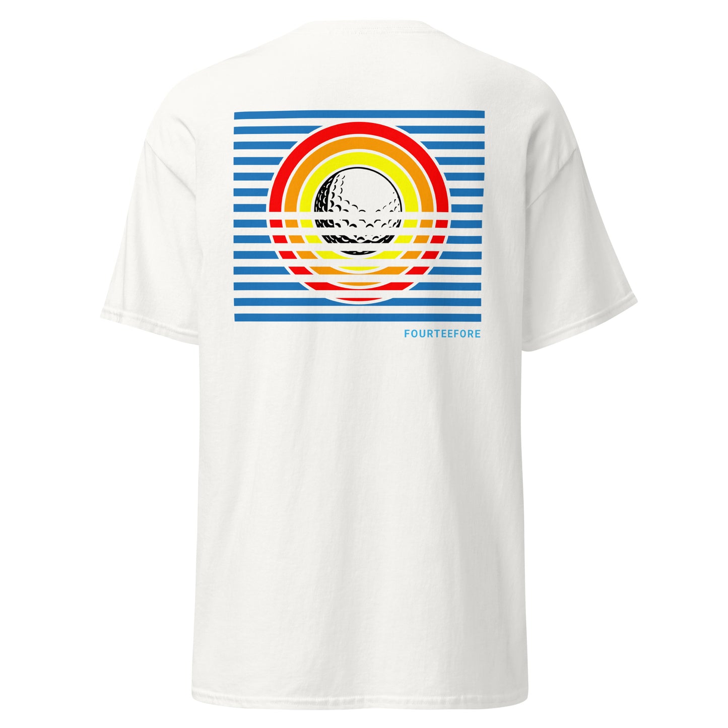 White casusal golf streetwear t-shirt with a colorful bold graphic design on the back, featuring the brand 'FOURTEEFORE'.