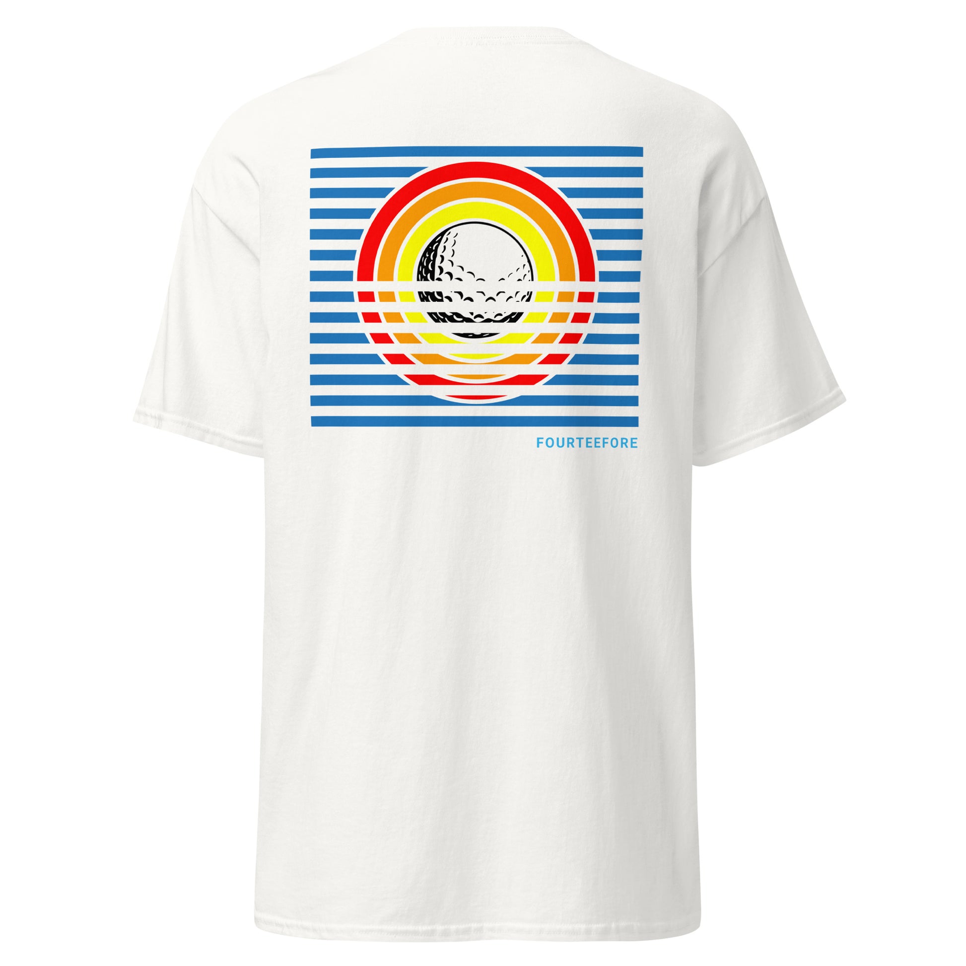 White casusal golf streetwear t-shirt with a colorful bold graphic design on the back, featuring the brand 'FOURTEEFORE'.