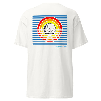 White casusal golf streetwear t-shirt with a colorful bold graphic design on the back, featuring the brand 'FOURTEEFORE'.