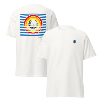 White casusal golf streetwear t-shirt with a colorful bold graphic design on the back, featuring the brand 'FOURTEEFORE'.