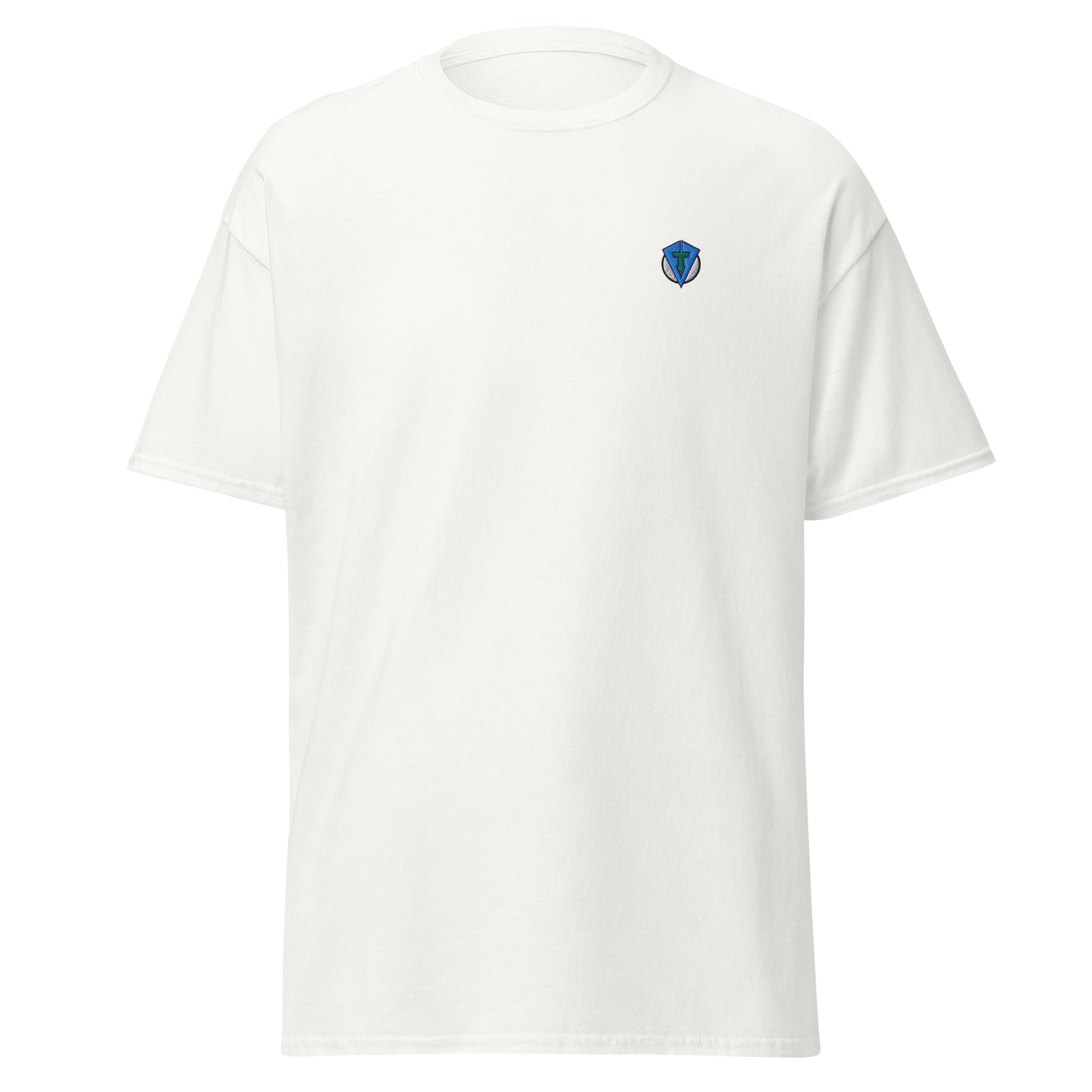 White causual golf streetwear t-shirt with a small Fourteefore logo on the left chest