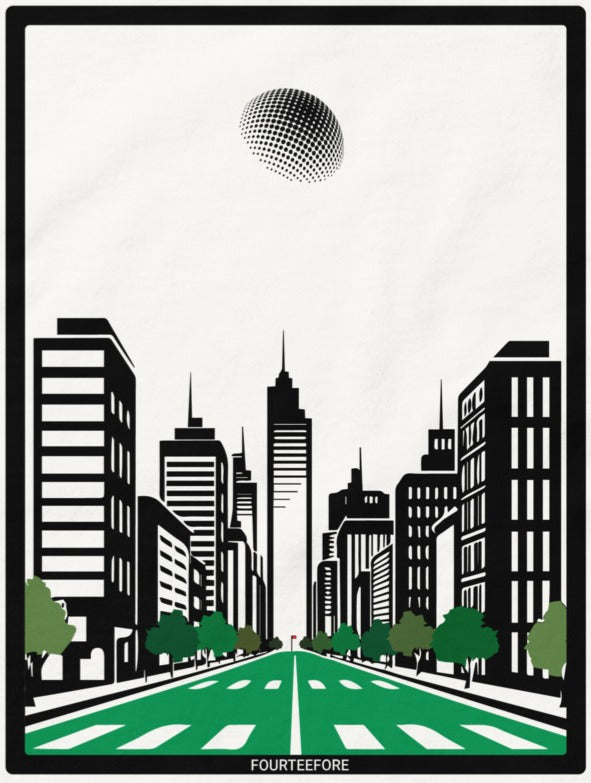 Black and white cityscape with a futuristic sphere above, featuring the brand 'FOURTEEFORE'. Everyday casual golf streetwear tshirt