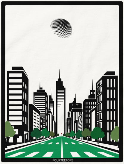 Black and white cityscape with a futuristic sphere above, featuring the brand 'FOURTEEFORE'. Everyday casual golf streetwear tshirt